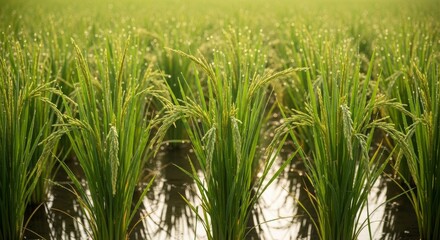 Fototapeta premium Close up on lush, green rice paddy field at early stages, cultivated for sustainable farming, showcasing textures.