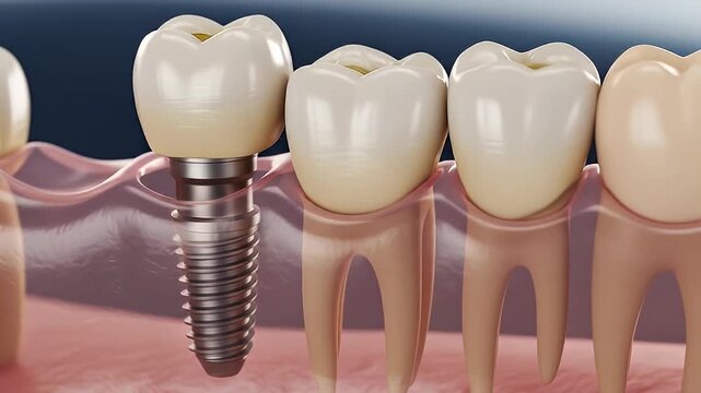 Dental Implant Demonstration Showing Structure and Surrounding Teeth on Dark Blue Background Detailed Medical Visualization Close Up