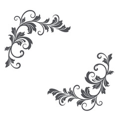 Decorative floral corner elements in dark gray on a white background.
