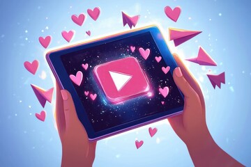 Close-up of hands holding a tablet displaying a glowing play button surrounded by floating pink hearts and paper airplanes against a light blue background, evoking feelings of connection and affection