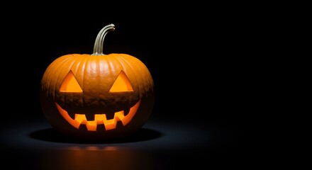 Fototapeta premium A carved, glowing jack-o'-lantern sits on a dark surface, its illuminated face casting an eerie, festive Halloween ambiance.