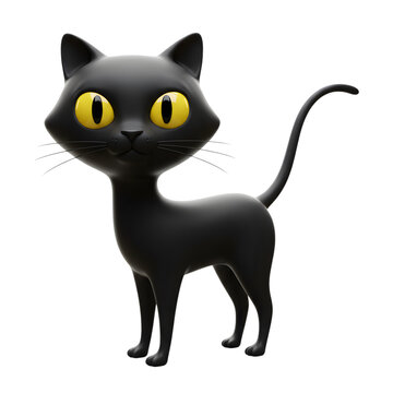 gato preto de desenho animado, com olhos amarelos e um rabo pontudo, 3D