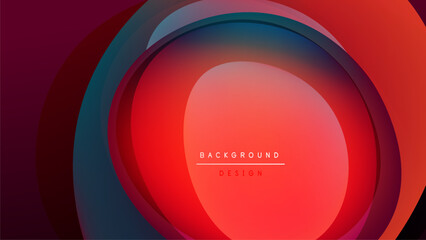 Abstract concentric circles, vibrant red hues dominate, blending into blue. Dark background emphasizes layered shapes, modern design element.