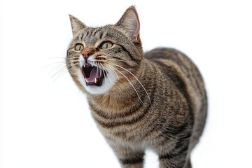 tabby cat with mouth open appearing to meow or hiss with focused eyes on white background