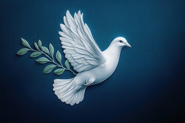 Fototapeta premium white dove in flight holding an olive branch against a dark blue background symbolizing peace and hope