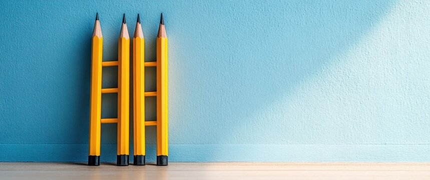 Four sharpened yellow pencils arranged vertically against a blue textured wall on a wooden surface with soft lighting creating shadows - Powered by Adobe