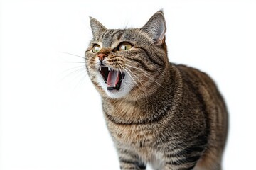 Obraz premium Close-up of an alert tabby cat with green eyes and open mouth showing teeth on a white background