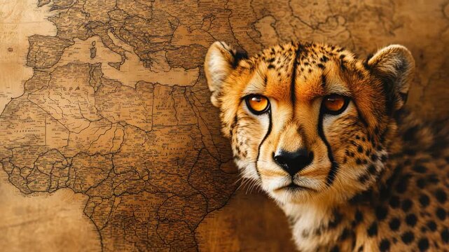 Cheetah against antique map background, focused gaze, spotted fur