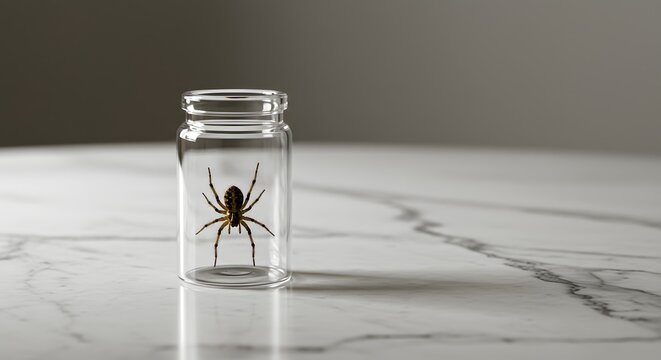 A small spider is captured and contained within a clear glass vial, resting on a textured marble surface with soft, diffused lighting.