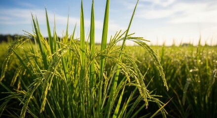 Golden hour bathes a lush rice paddy field, showcasing vibrant green stalks against a clear blue sky, a serene agricultural scene.