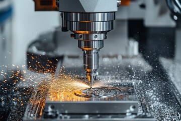 Close-up of a CNC milling machine cutting metal with bright orange sparks flying, showing precision industrial metalworking process