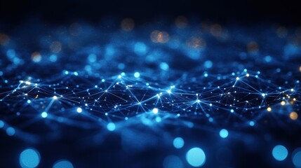 Obraz premium Abstract digital network with interconnected glowing nodes and lines creating a sense of complex data flow and futuristic connection in dark blue tones