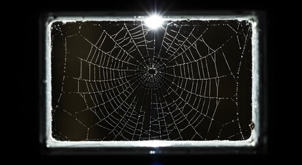 Naklejka premium An intricate spiderweb, shimmering with dew, brilliantly illuminated from above within a dark, rectangular opening.