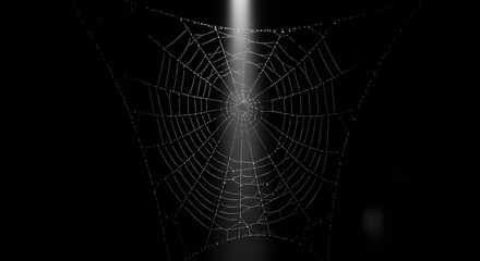 An intricate spiderweb illuminated by a single, dramatic spotlight against a black background.
