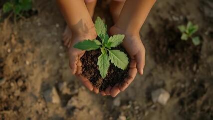 Hands carrying soil and plants to commemorate World Environment Day, biodiversity, environment, preventing climate change, reforestation