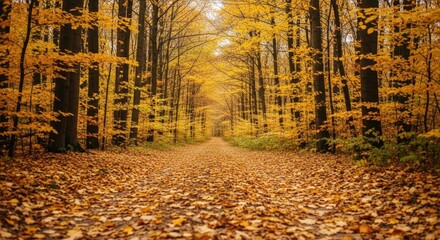 Pathway through Golden Autumn Forest with Fallen Leaves, showcasing the warm hues of fall foliage and nature's serene beauty.