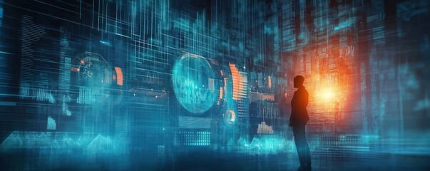 Silhouette of a person standing in front of a futuristic digital interface with glowing blue and orange data visualizations and holographic graphs