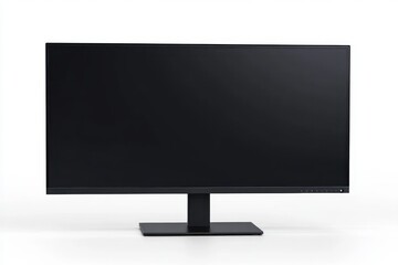 wide black computer monitor with a blank screen on a black stand against a white background