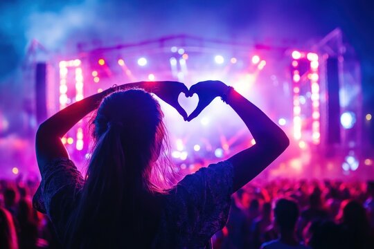 Silhouette of a person forming a heart shape with hands against a colorful illuminated live concert stage and crowd background, evoking joy and connection