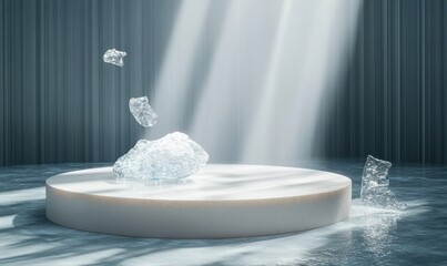 Clear ice fragments floating and resting on a round white marble platform with soft light rays shining through a dark textured background