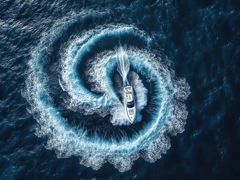 Aerial view of a white motorboat creating large circular waves in deep blue ocean water under bright daylight - Powered by Adobe