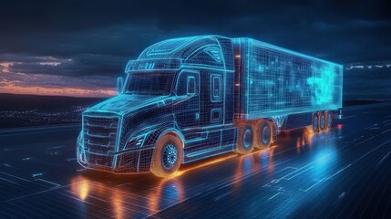 Futuristic digital wireframe model of a large semi-truck with trailer glowing with neon blue and orange lights on a reflective road at dusk