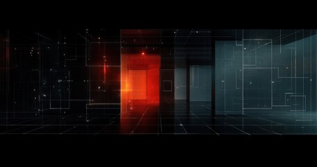 Futuristic digital space with glowing grids and abstract geometric shapes highlighting a vivid red core amidst dark blue and black surroundings