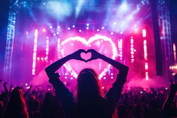 Silhouette of a person forming a heart shape with hands in front of a large illuminated heart on stage at a colorful concert with vibrant pink and purple lighting and fog
