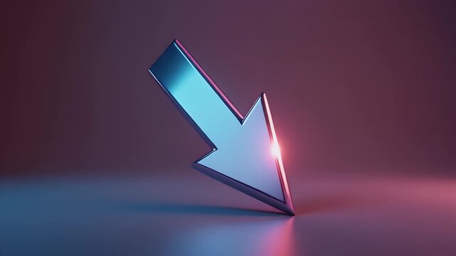 A shiny, metallic arrow points diagonally downwards, casting a reflection on the surface below, illuminated with blue and red light.