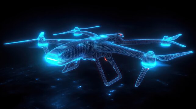 glowing futuristic wireframe drone with propellers hovering over dark surface emitting blue light