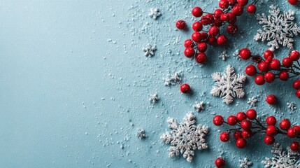 Festive Red Berries Snowflakes on Light Blue Background for Holiday Decorations
