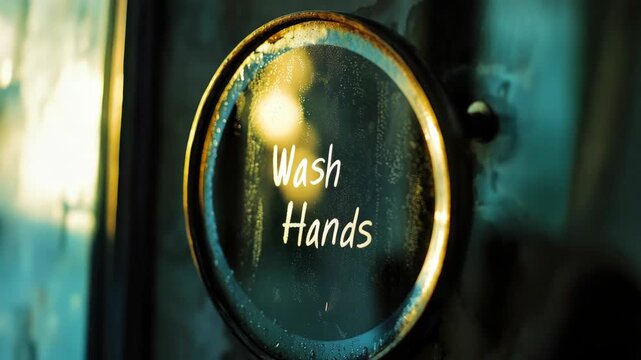 Round sign with "Wash Hands" written on foggy surface, promoting hygiene