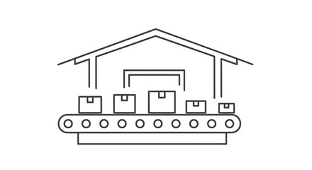 Simple Line Drawing of Warehouse with Conveyor Belt and Boxes.