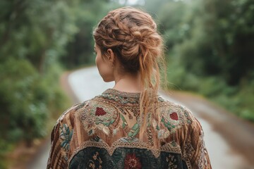 Woman with braided hair wearing a detailed embroidered jacket standing on a forest path surrounded by lush greenery