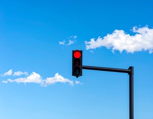 A vibrant red traffic light glows against a boundless expanse of brilliant blue sky, punctuated by soft, wispy white clouds, symbolizing urban control and the need to pause
