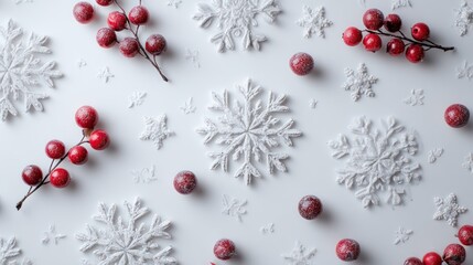 Festive Red Berry and Frosted Snowflake Pattern on White Background