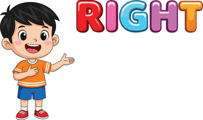 Cute cartoon child pointing right direction, educational learning concept, colorful text design, school teaching aid, vector art for classroom, kids activity, and early education