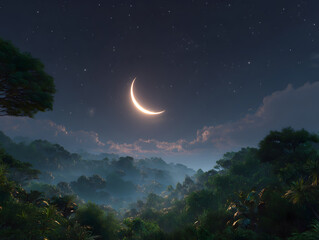 Naklejka premium Crescent Moon over Forest Night Landscape