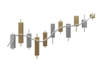 3D Candlestick chart for stock market, stock exchange. Gold and silver metallic growth graph trading 3d render. three-dimensional up candle stick price diagram stock exchange for financial investment.