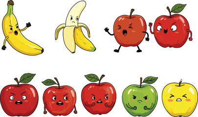 Angry cartoon apples and bananas arguing, funny fruit character expressions, cute food fight illustration, vector healthy food art, comic fruit