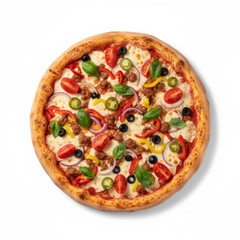 Fresh homemade pizza with colorful toppings on white background