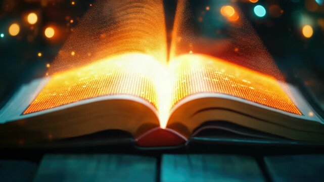 Glowing open book emitting sparkles and binary code, symbolizing digital transformation of literature