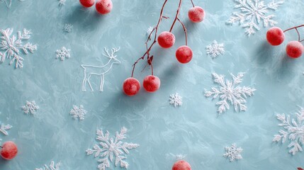 Festive Red Berry Branch with Snowflake Decorations on Light Blue Background