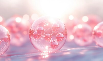 Close-up view of translucent pink spheres containing connected smaller spheres resembling molecular structures with soft glowing light effects