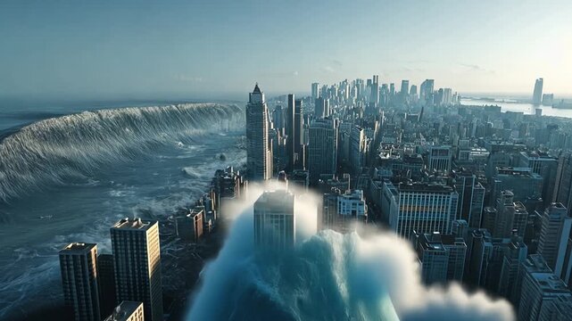 City engulfed by a massive tidal wave