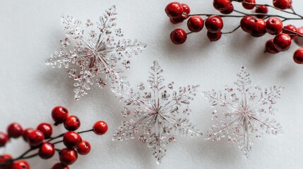 Festive Red Berry Branches and Clear Snowflake Decorations on White Background
