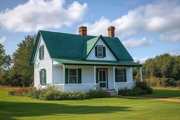 White two-story house with green roof and shutters surrounded by green lawn and bushes under a partly cloudy blue sky