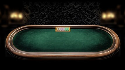 empty oval poker table with green felt and wooden frame under dim lighting in an elegant room