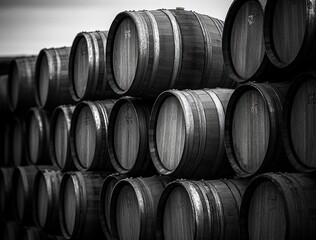 Black and white photo of stacked wooden barrels arranged in rows showing texture and craftsmanship