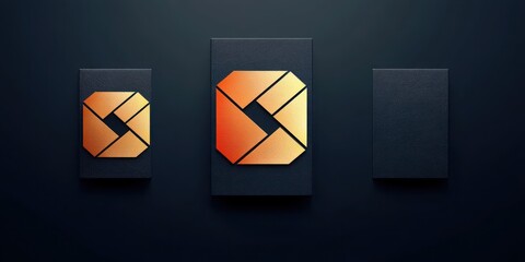 Three dark textured rectangular panels with geometric shapes in orange and gold gradients, arranged horizontally on a dark background conveying modern abstract design